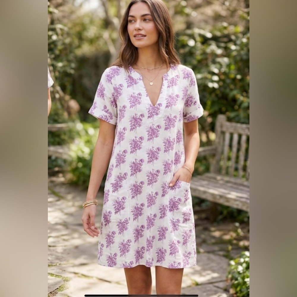 Pink Chicken White Cotton Block Print Mini Dress with Purple Floral Size XS